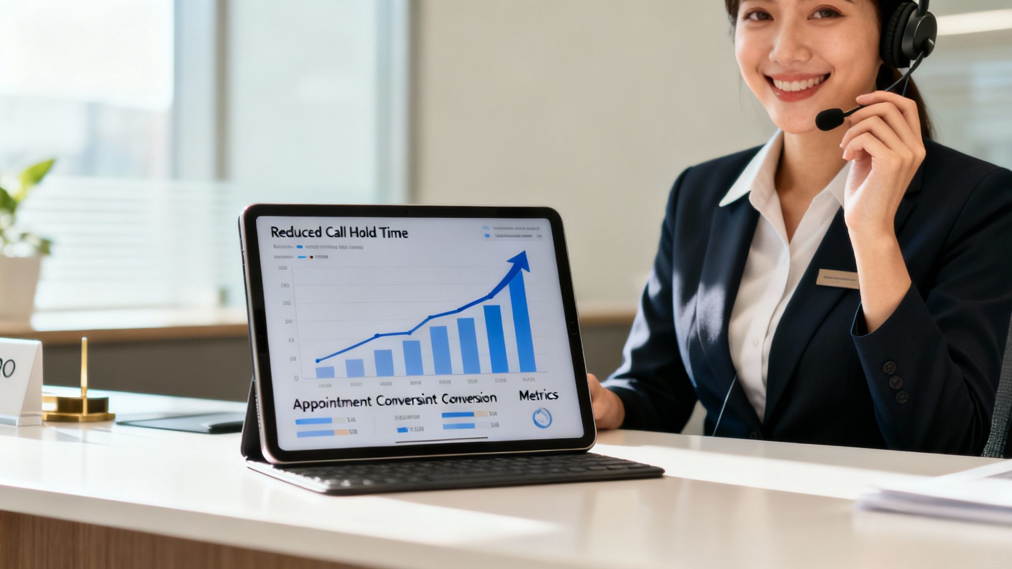 Smiling call center agent wearing a headset displays a tablet showing a graph of reduced call hold time.