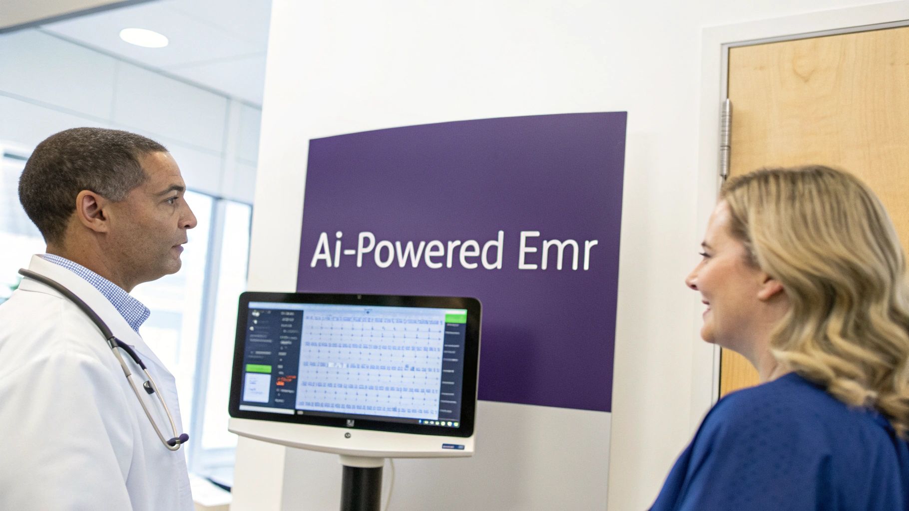 A doctor and nurse consult an AI-powered EMR screen in a modern healthcare facility.