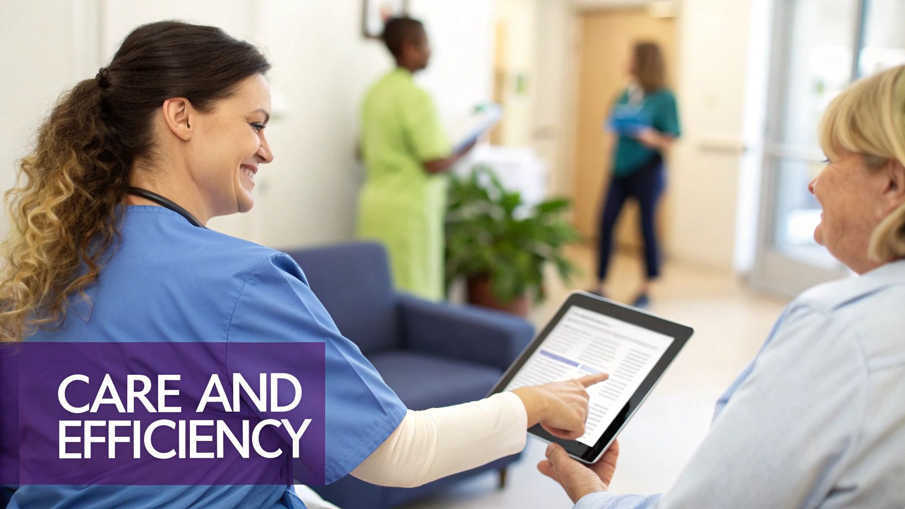 A smiling nurse in blue scrubs shows digital patient information on a tablet to a senior woman in a clinic.