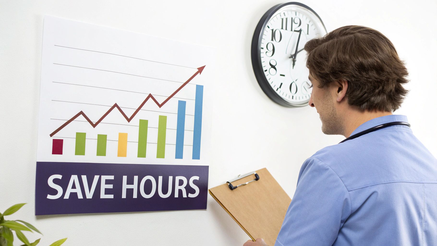 A medical professional in scrubs looks at a 'SAVE HOURS' graph showing increased efficiency, with a clock nearby.