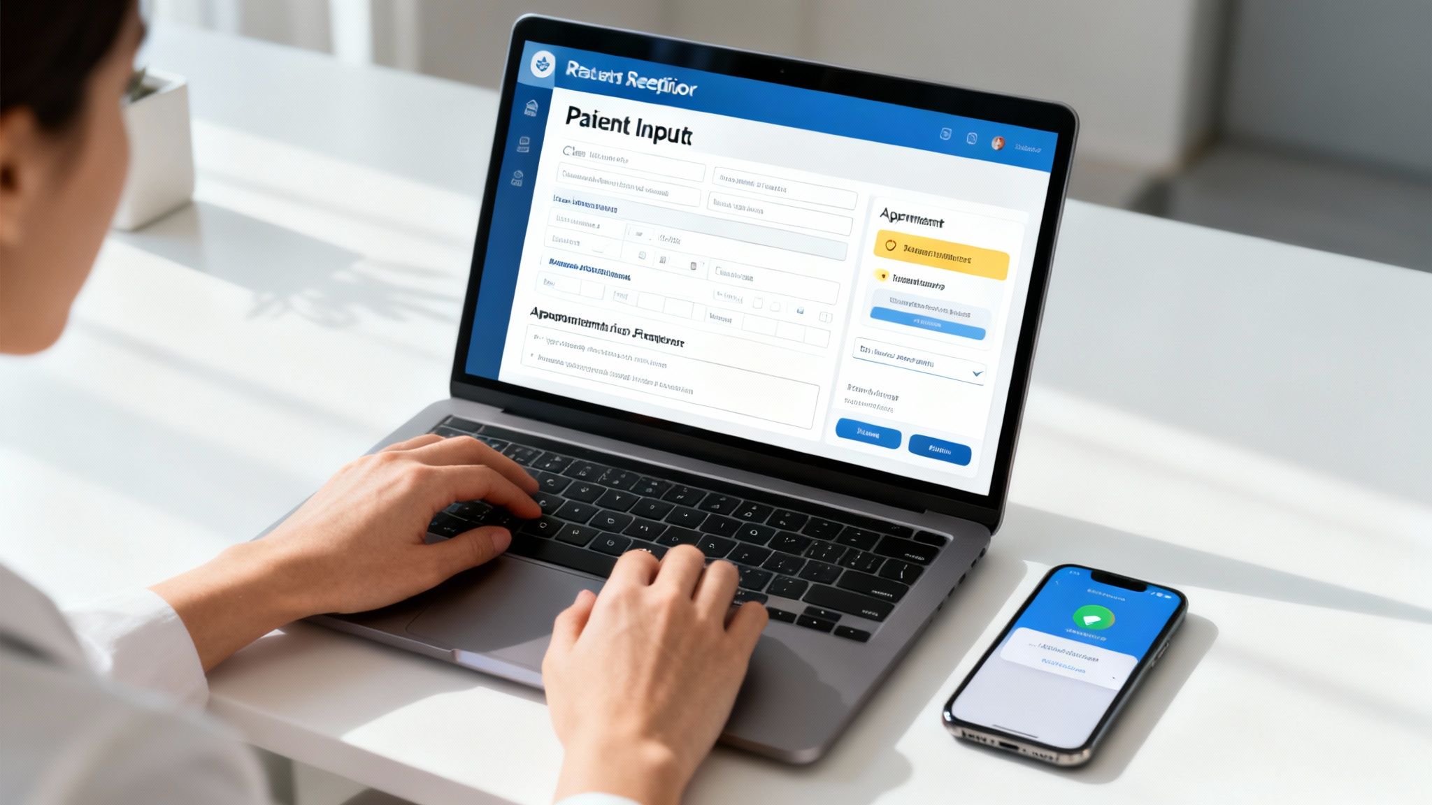 A person uses a laptop displaying a medical patient input form, with a smartphone on the desk.