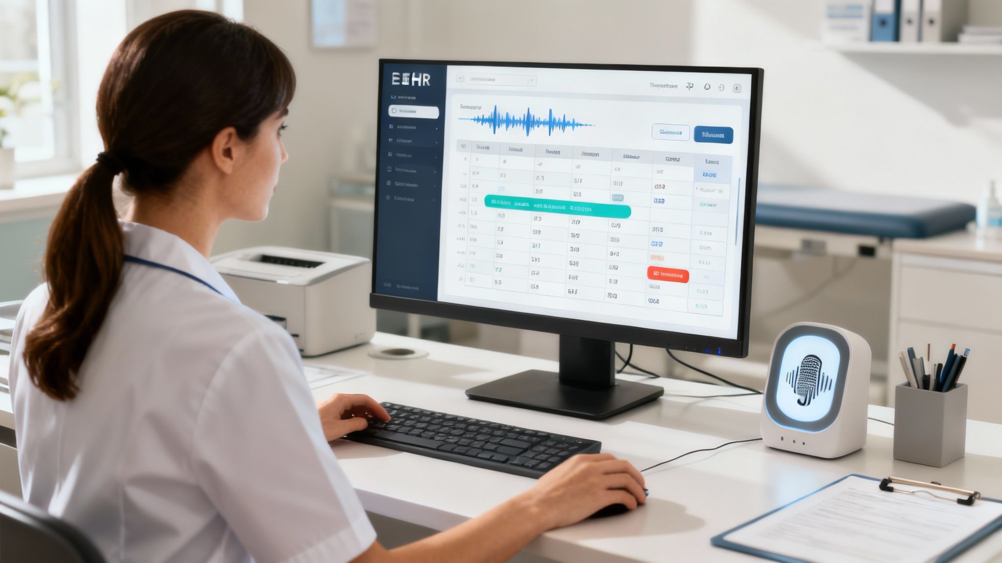 A healthcare professional using a tablet to manage automated patient workflows.