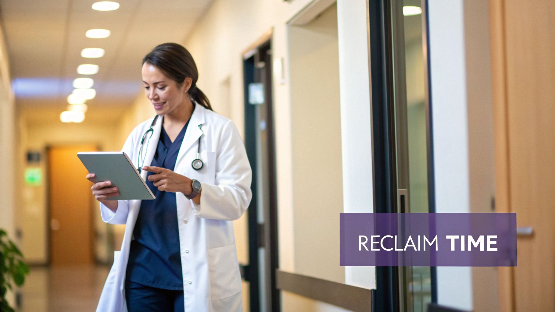 A smiling female doctor in scrubs and lab coat reviews information on a digital tablet in a hospital hallway.