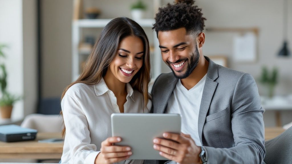 A group of healthcare professionals collaborating around a computer in a modern office setting.