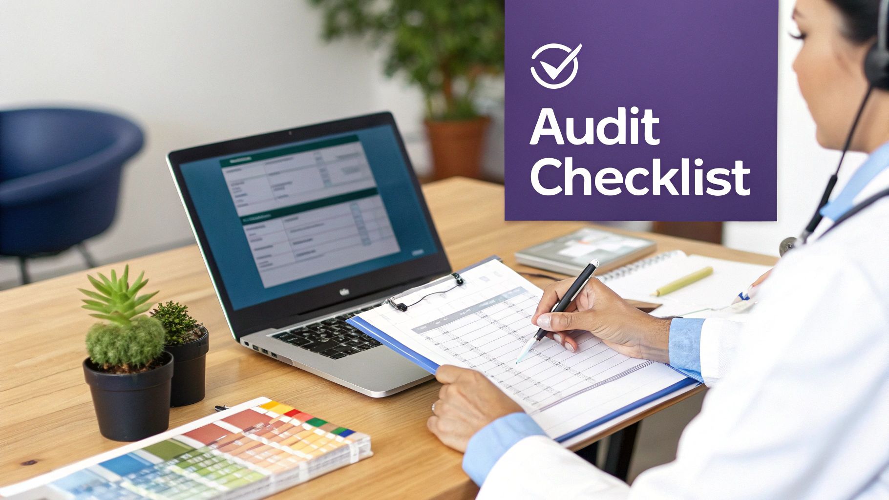 A doctor in a lab coat reviews an audit checklist on a clipboard while using a laptop.