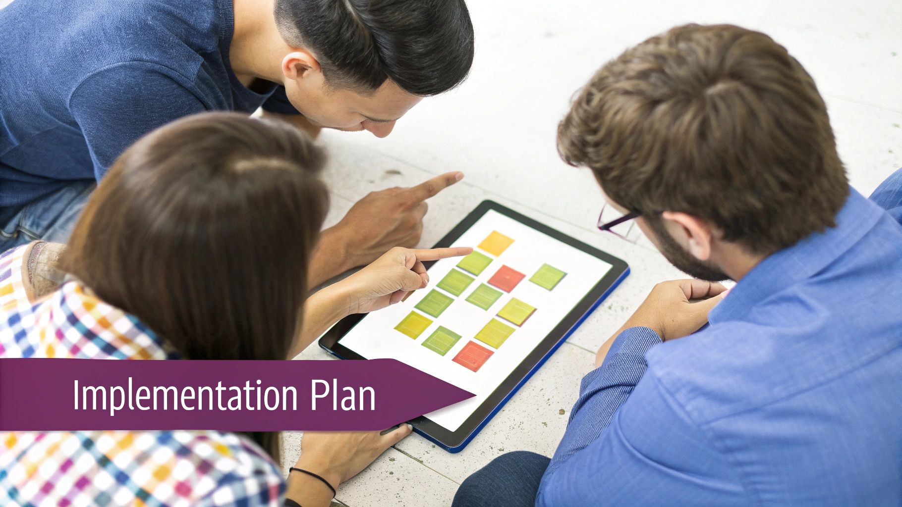 Three people collaborate over a tablet displaying a colored grid for an implementation plan.