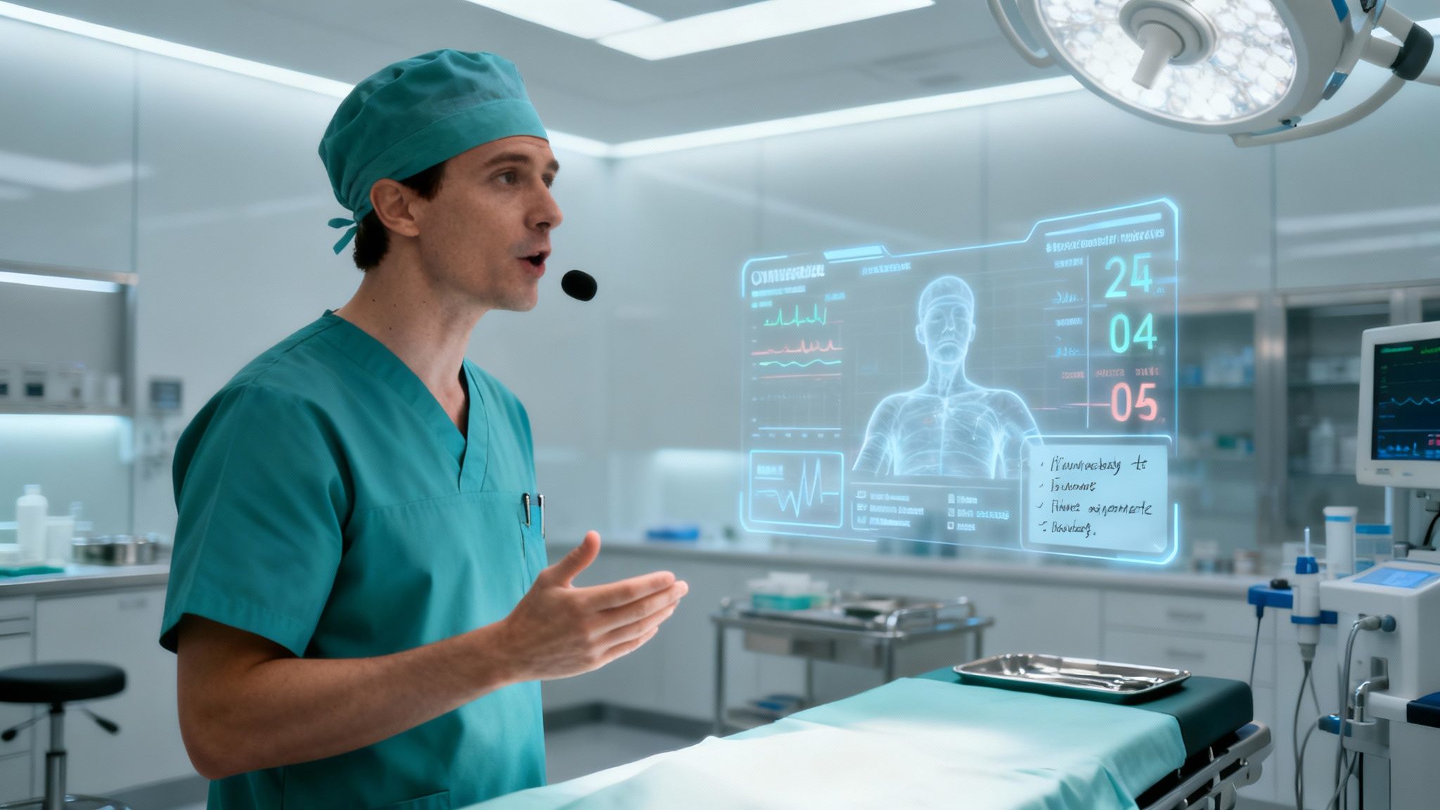 A surgeon in an operating room uses voice commands to review patient data on a screen, showcasing a hands-free clinical application.