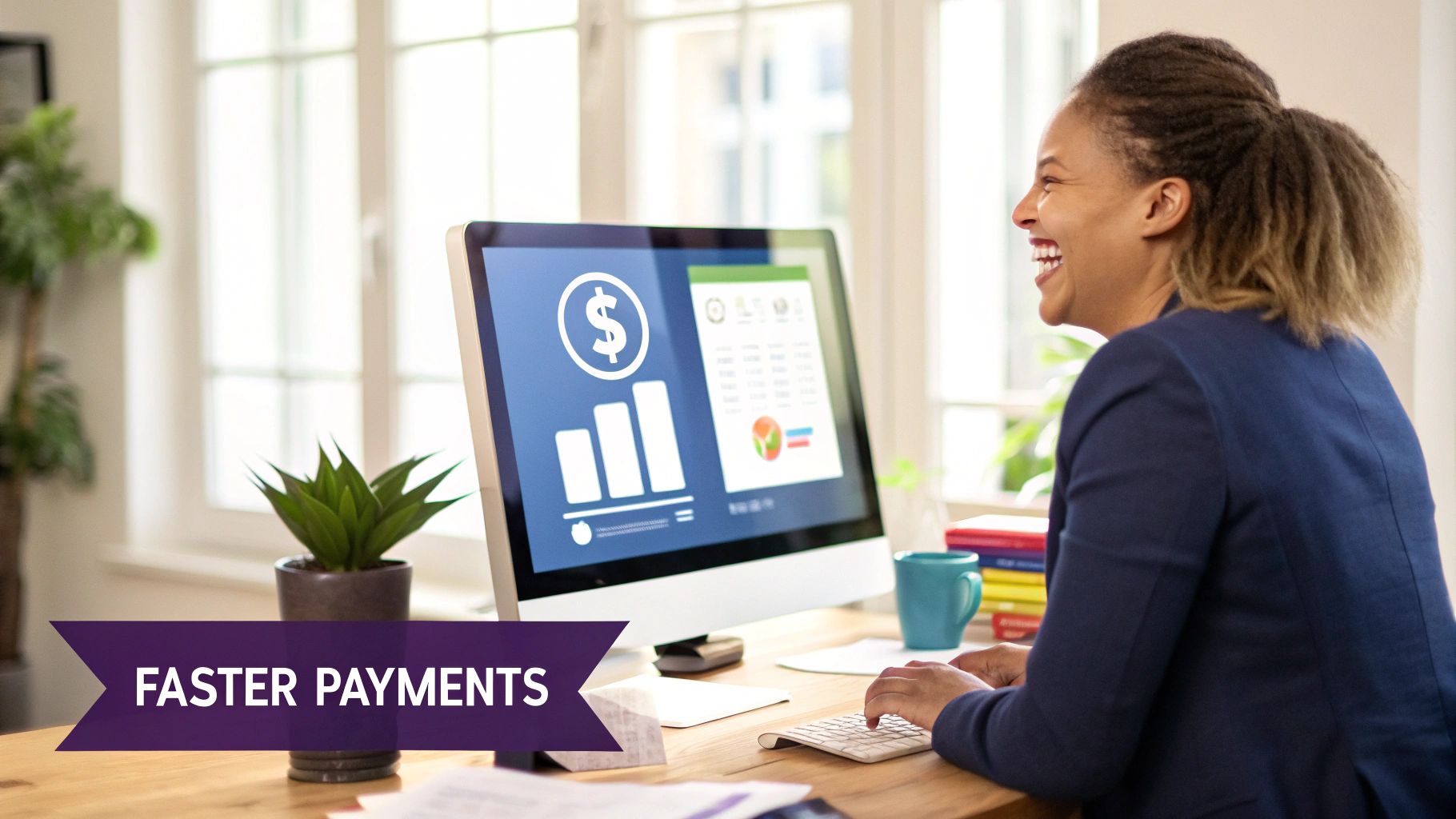 A smiling woman types at a computer displaying financial analytics, with a "FASTER PAYMENTS" banner.