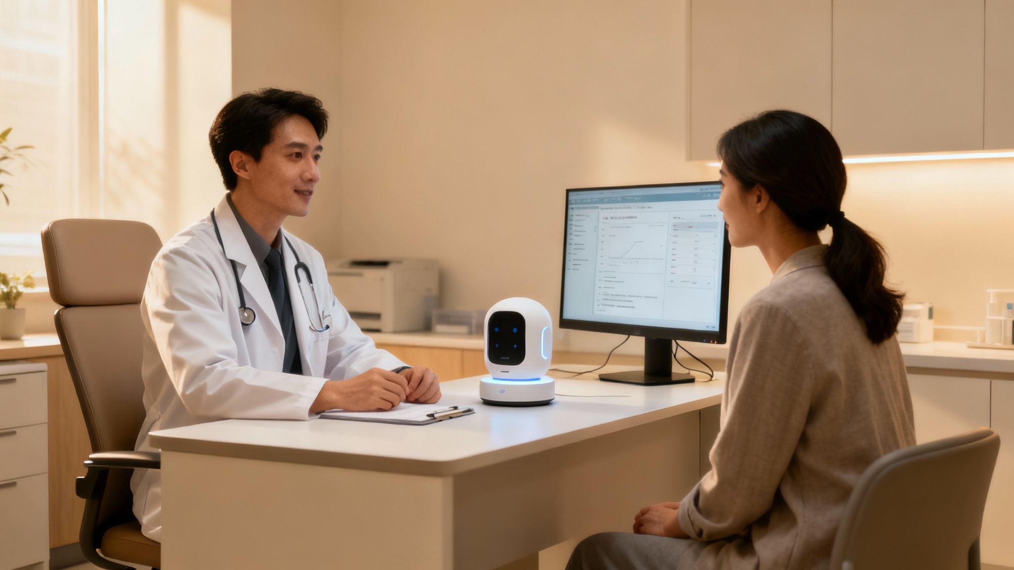 A futuristic depiction of AI and voice recognition technology assisting a doctor in a clinical setting.