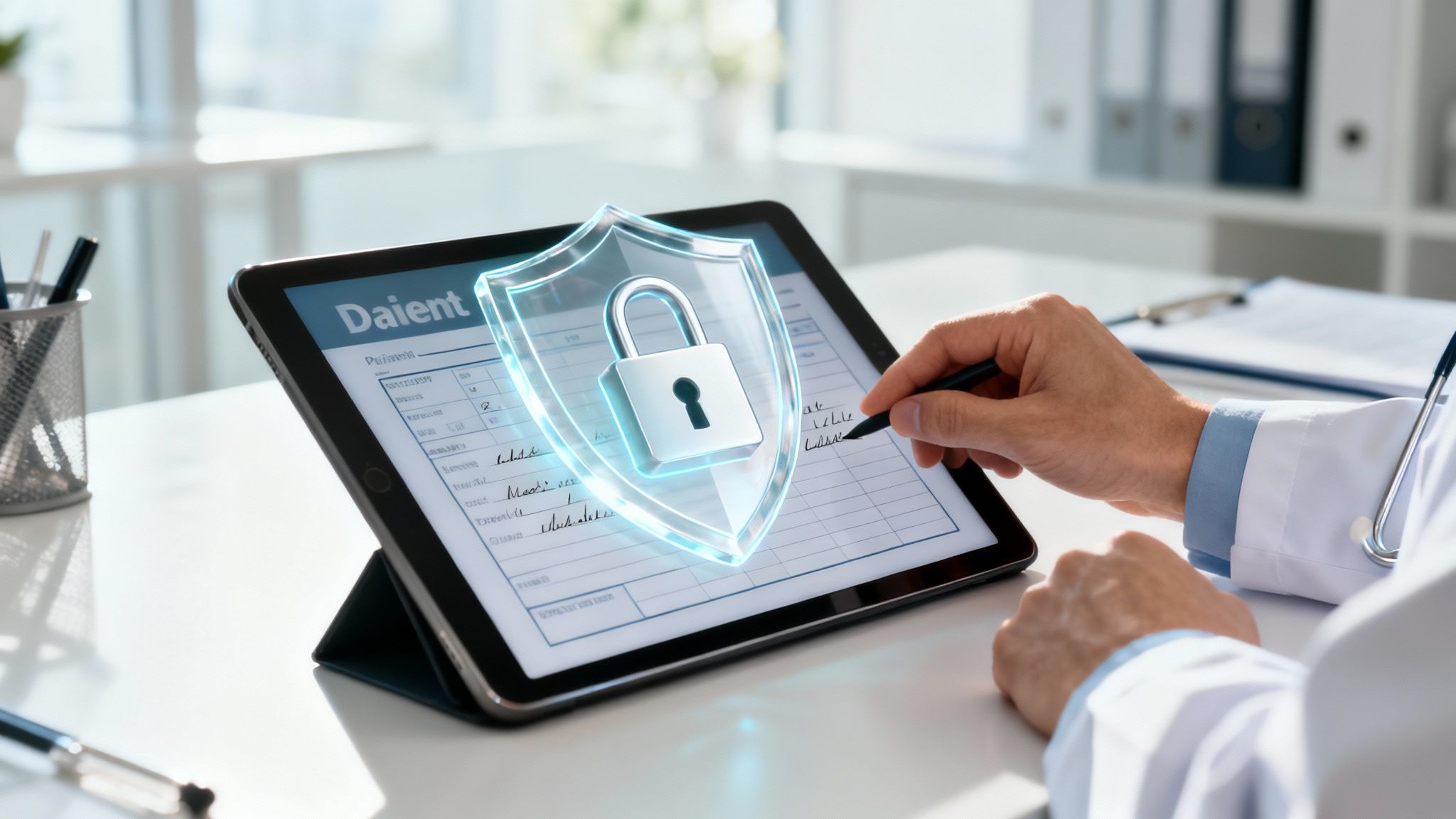 Doctor uses a digital tablet displaying patient data, protected by a glowing security shield.
