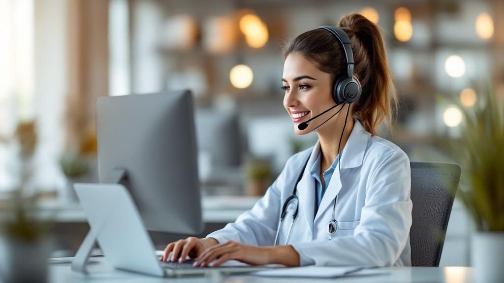 A medical professional wearing a headset and talking on the phone in a modern office setting.