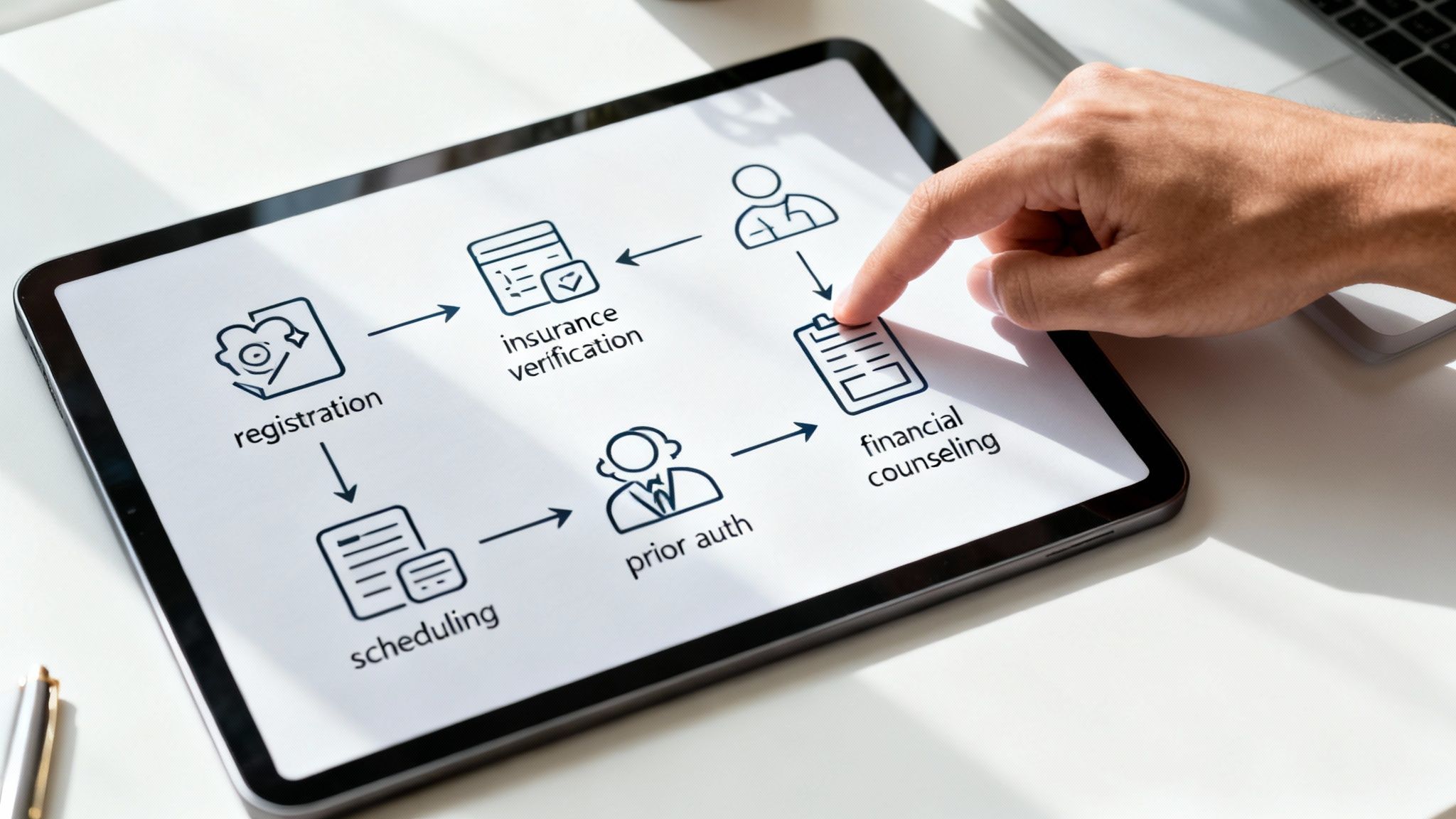 A flowchart showing the different stages of the patient access workflow, from scheduling to financial clearance.
