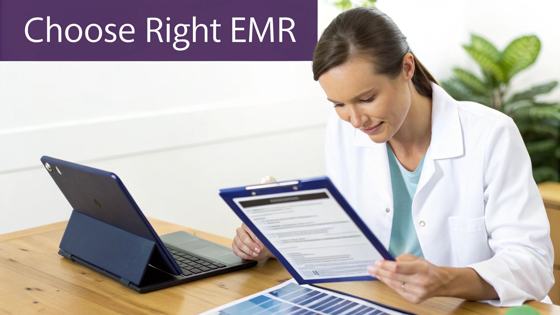 A female medical professional in a lab coat reviews a document on a clipboard, with a laptop nearby.