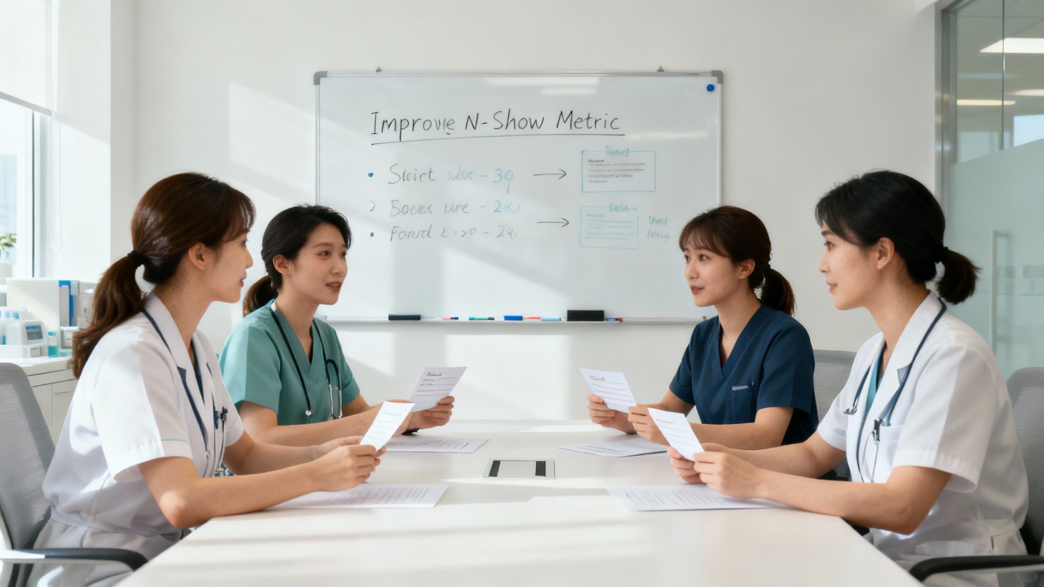 A diverse healthcare team collaborating and reviewing performance metrics on a screen.