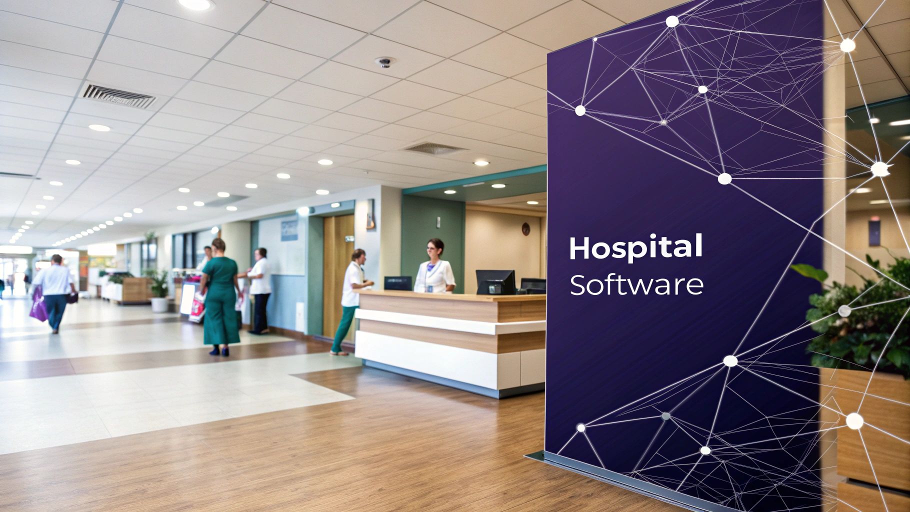 A bustling hospital lobby with a reception desk, staff, and a banner advertising 'Hospital Software'.