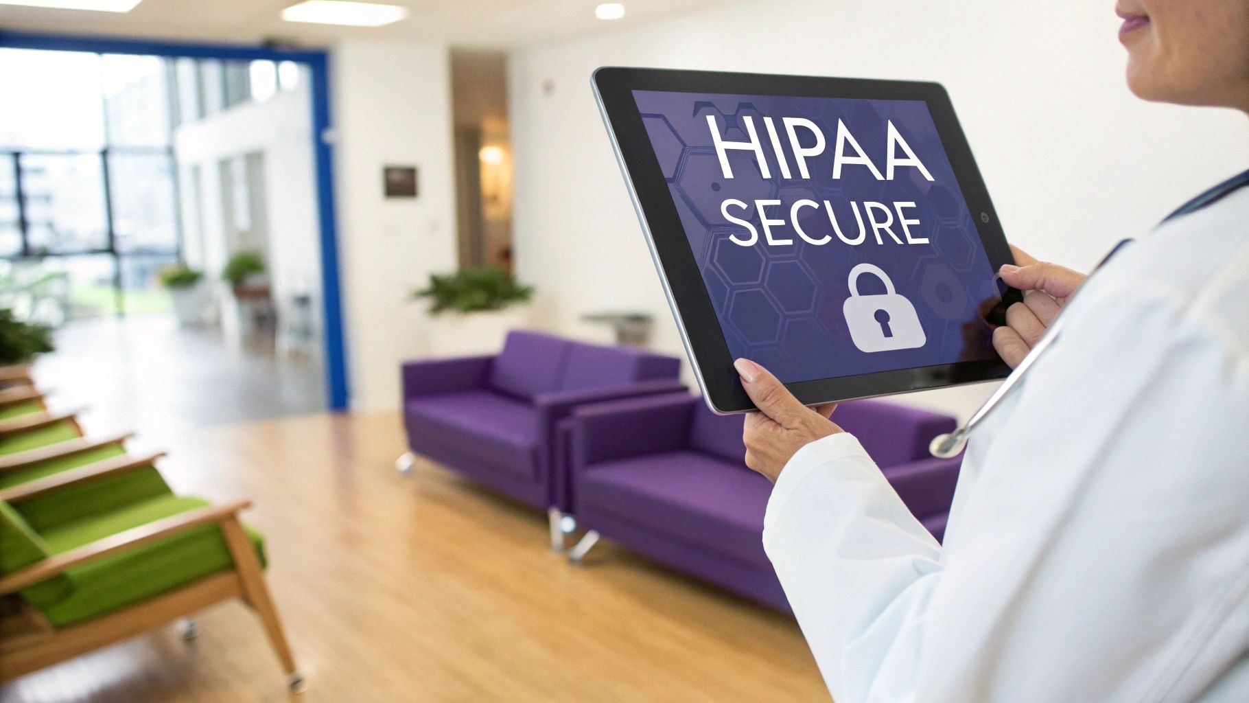 A healthcare professional holds a tablet displaying 'HIPAA SECURE' and a lock icon in a clinic.