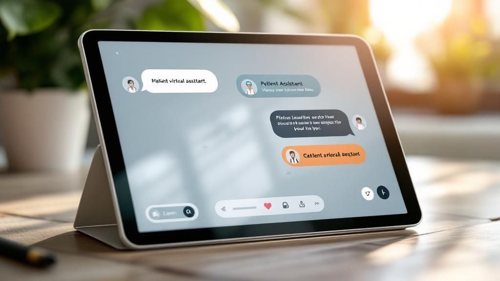 A doctor interacting with a digital interface on a tablet, representing a healthcare virtual assistant