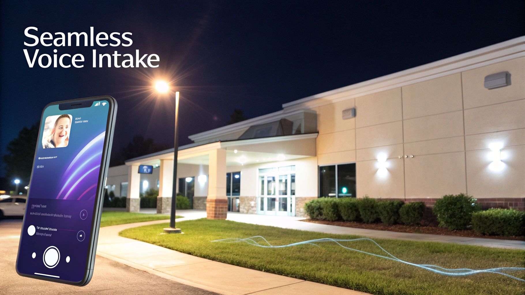 A smartphone displaying a seamless voice intake app with a woman's profile, against a modern building at night.