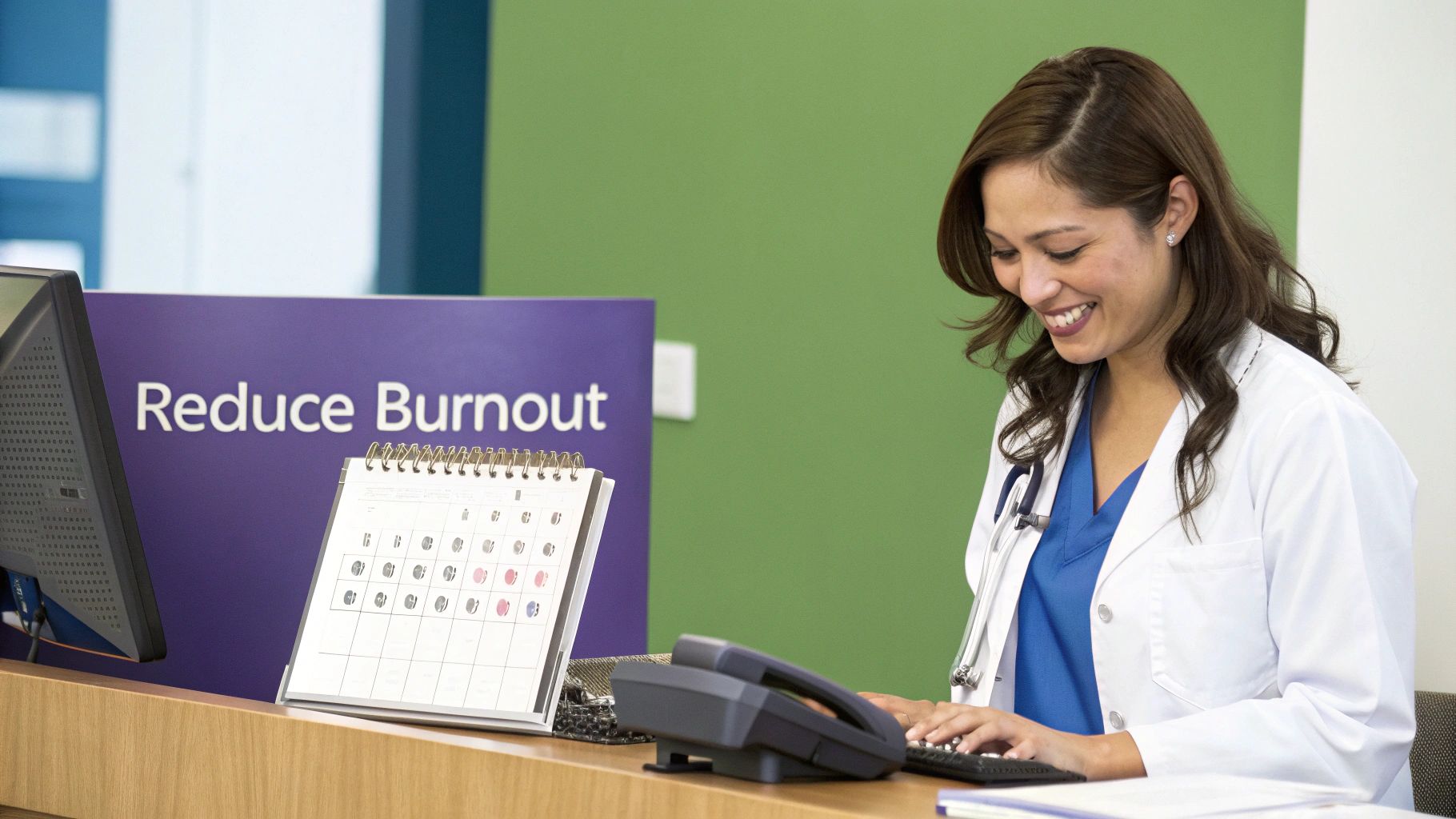 A smiling healthcare professional in a lab coat types at a desk with a 'Reduce Burnout' sign behind her.