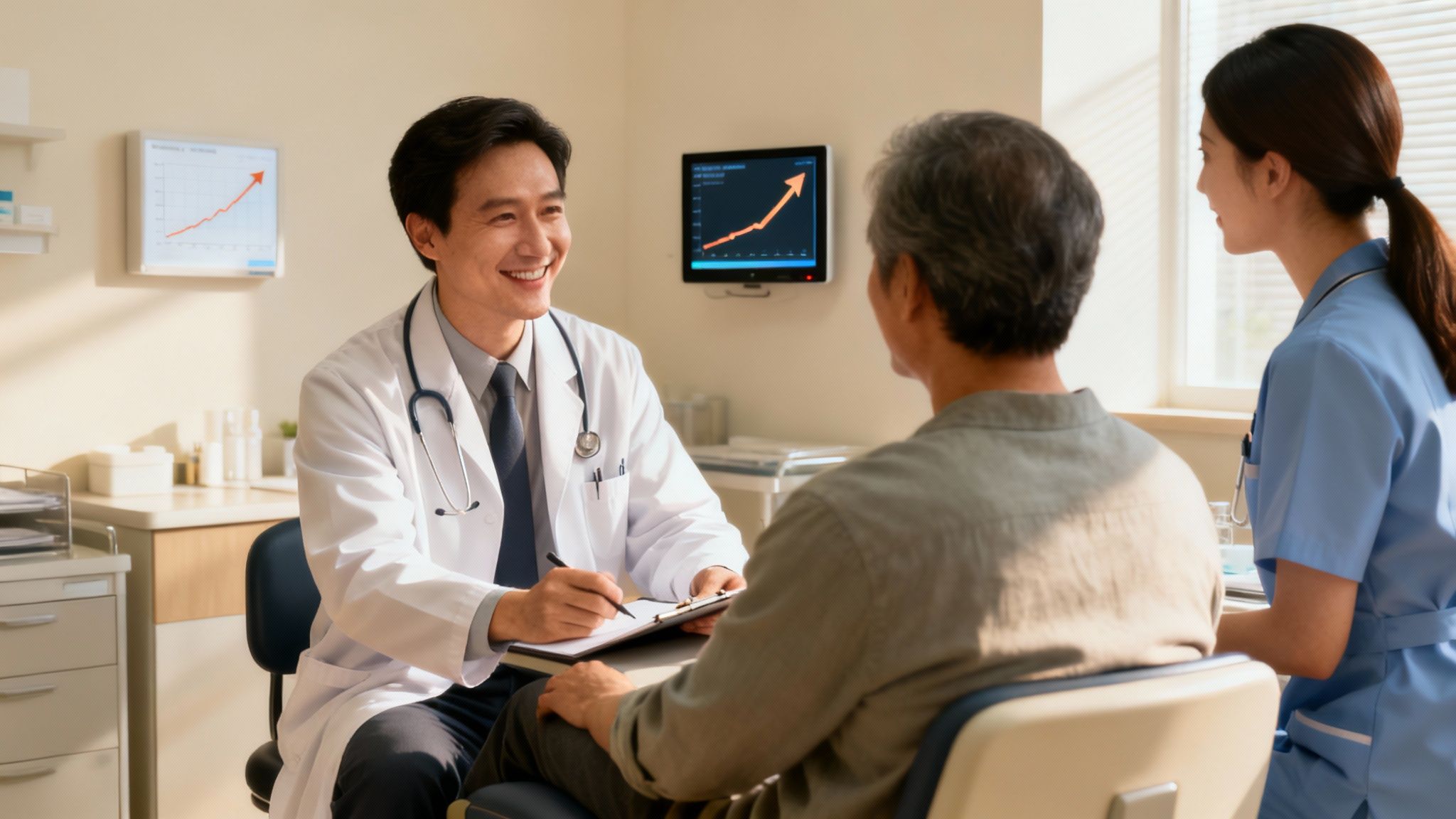 Smiling doctor consults elderly patient with a nurse nearby in a modern clinic office.