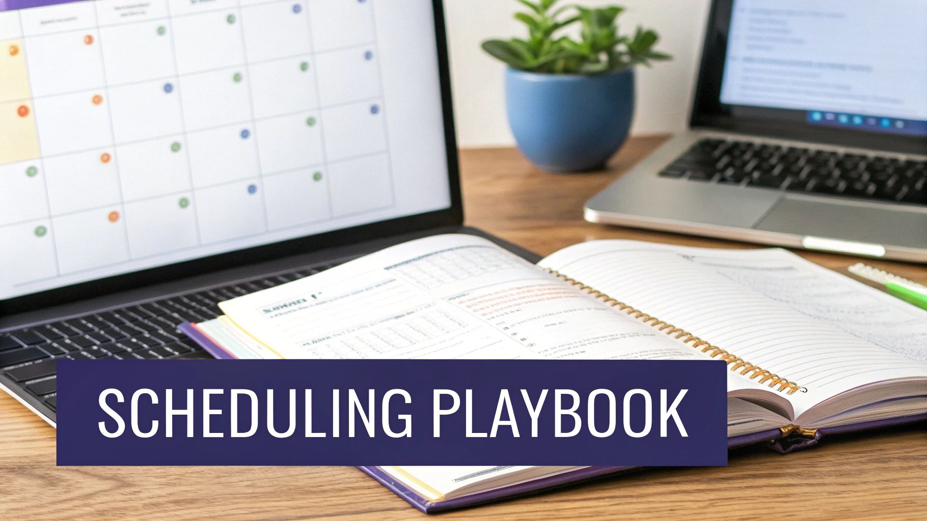 A desk setup featuring two laptops with calendars, an open planner, and a 'Scheduling Playbook' title.