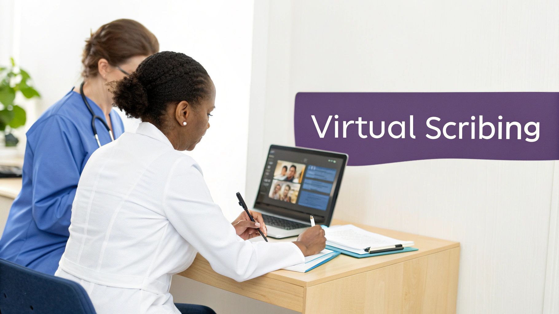 A doctor uses a laptop for a virtual consultation and takes notes, with a 'Virtual Scribing' banner visible.