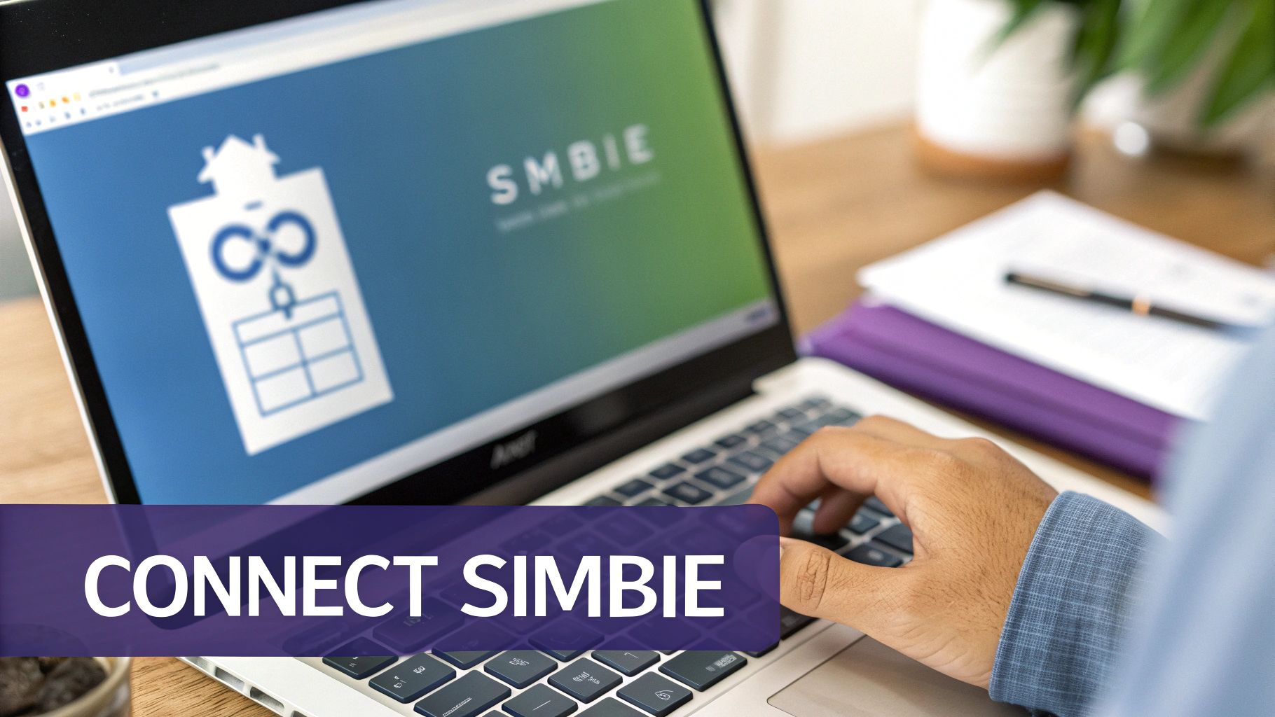 Person's hand typing on a laptop screen displaying 'SMBIE' and a 'CONNECT SIMBIE' overlay.