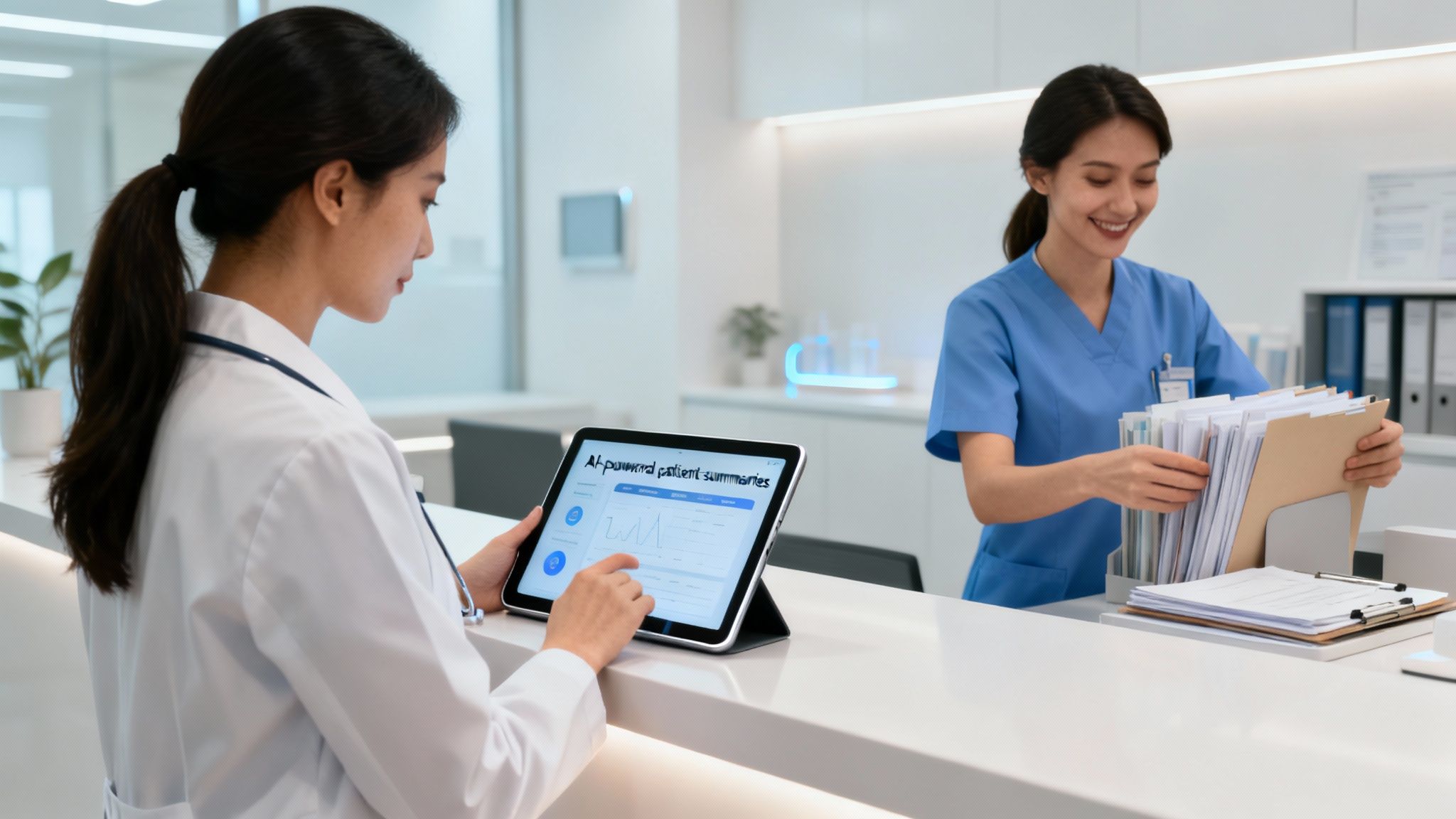 A doctor examining a patient's scan on a digital tablet with AI-powered diagnostics.