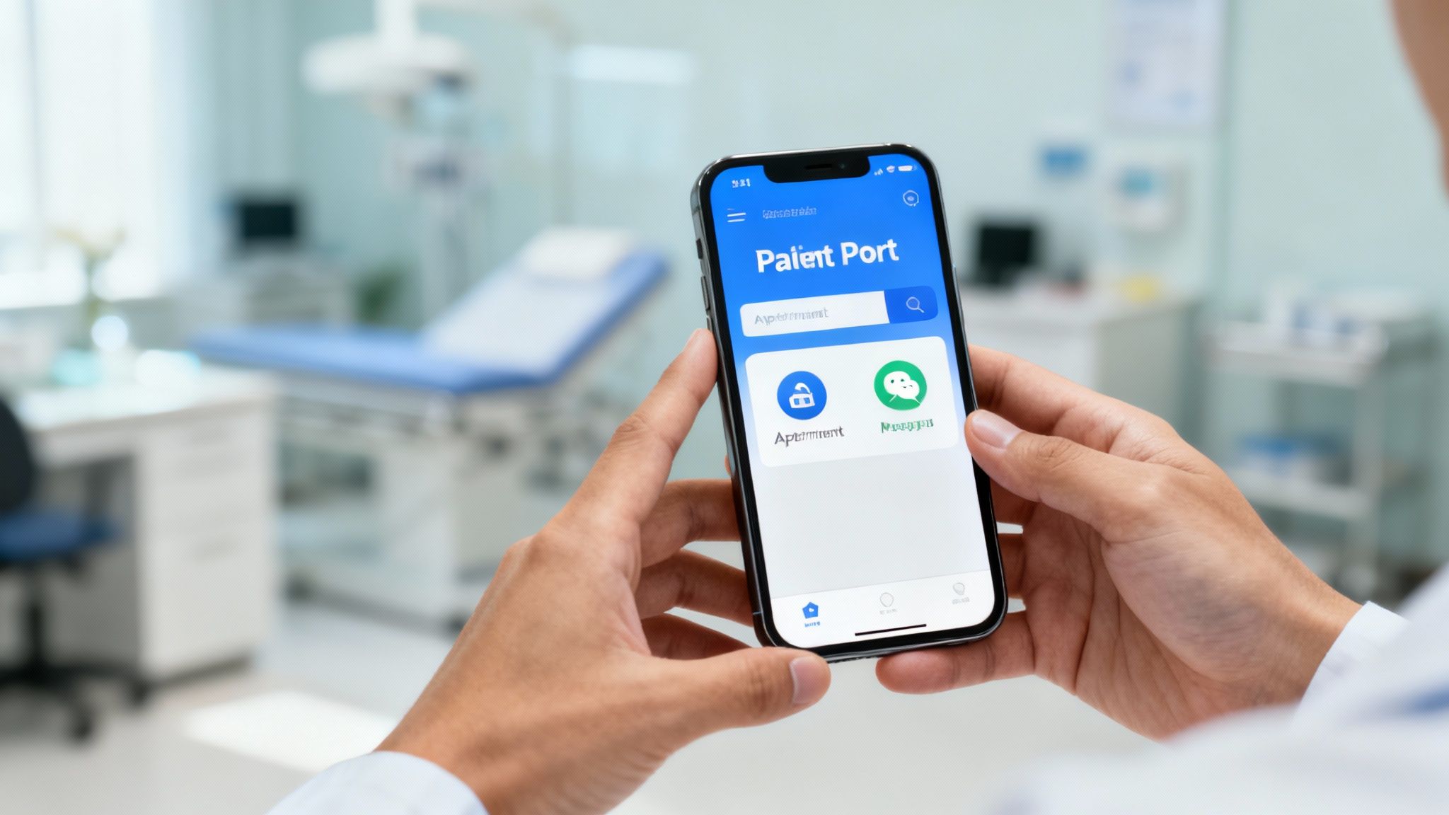 Healthcare professional holding smartphone displaying patient portal app with appointment and messaging features in medical facility