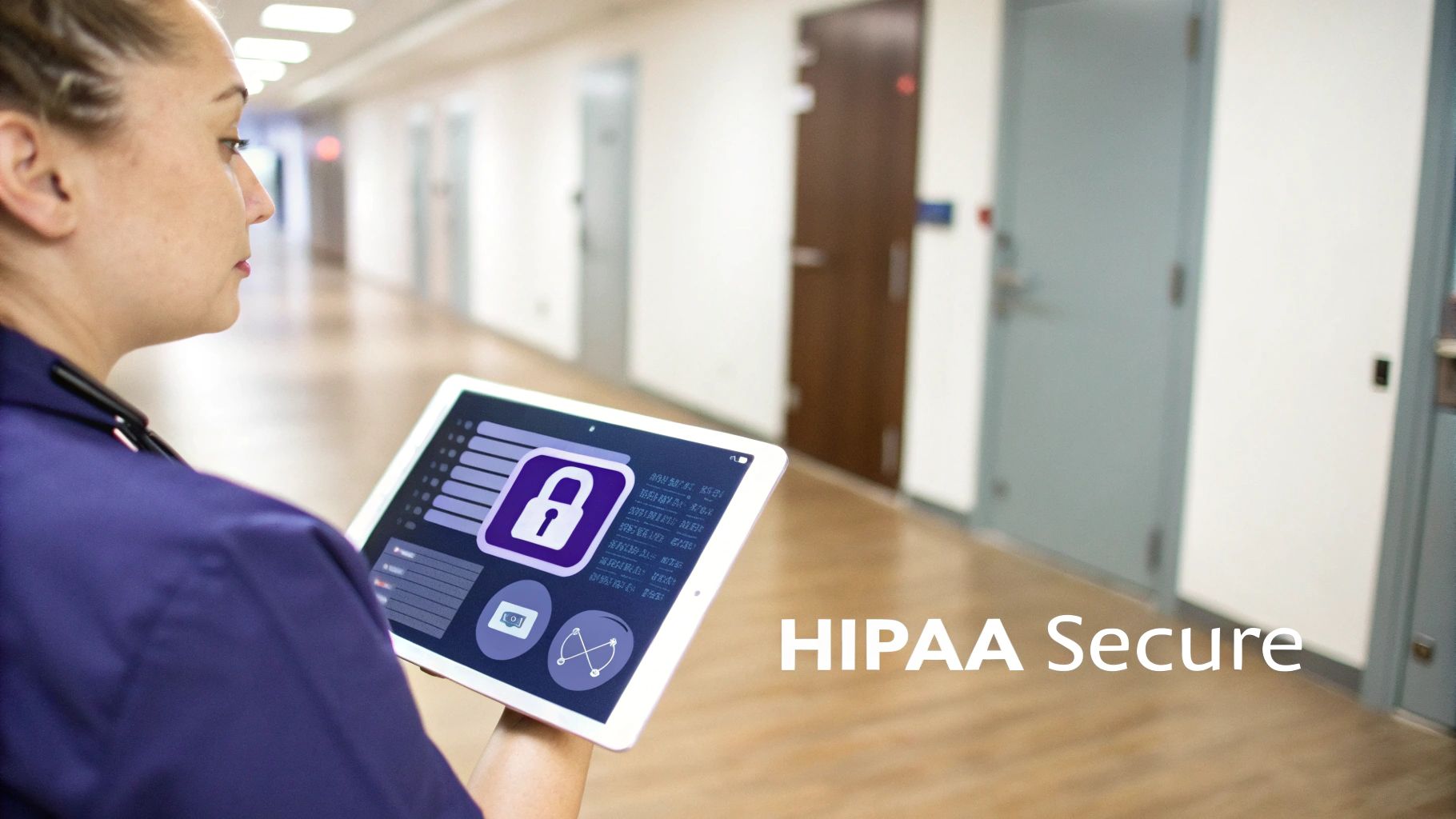 A medical professional uses a tablet with a security lock icon in a hospital hallway, signifying HIPAA secure data.