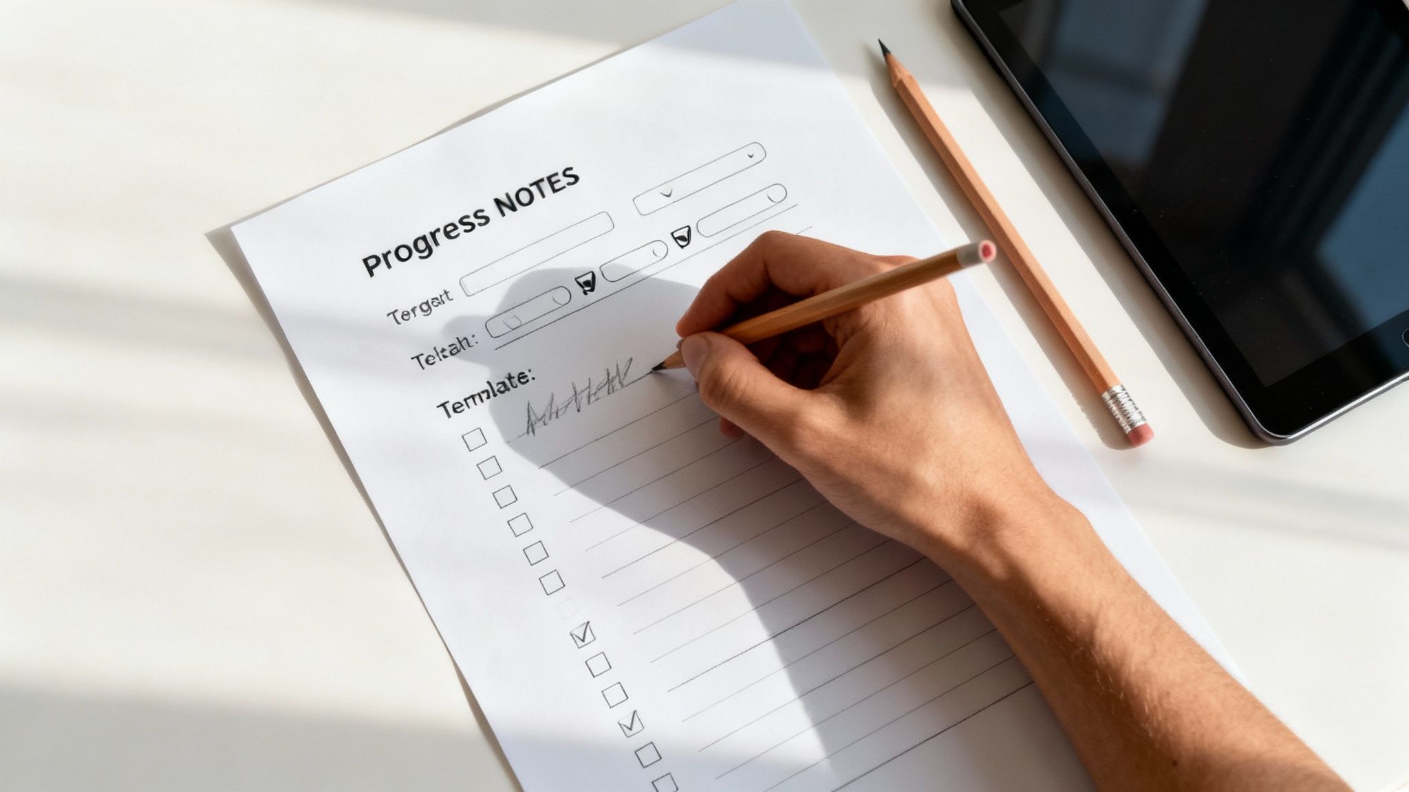 A person sketching out a template design on a piece of paper with a laptop nearby, illustrating the process of building a custom progress note.