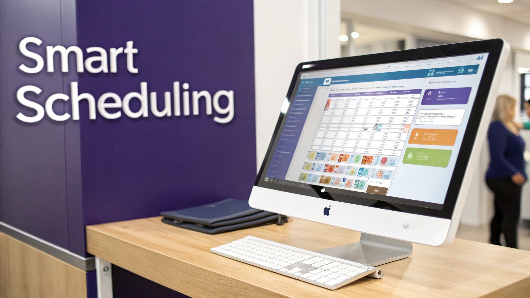 A computer displaying a smart scheduling application next to a purple wall with 'Smart Scheduling' text.