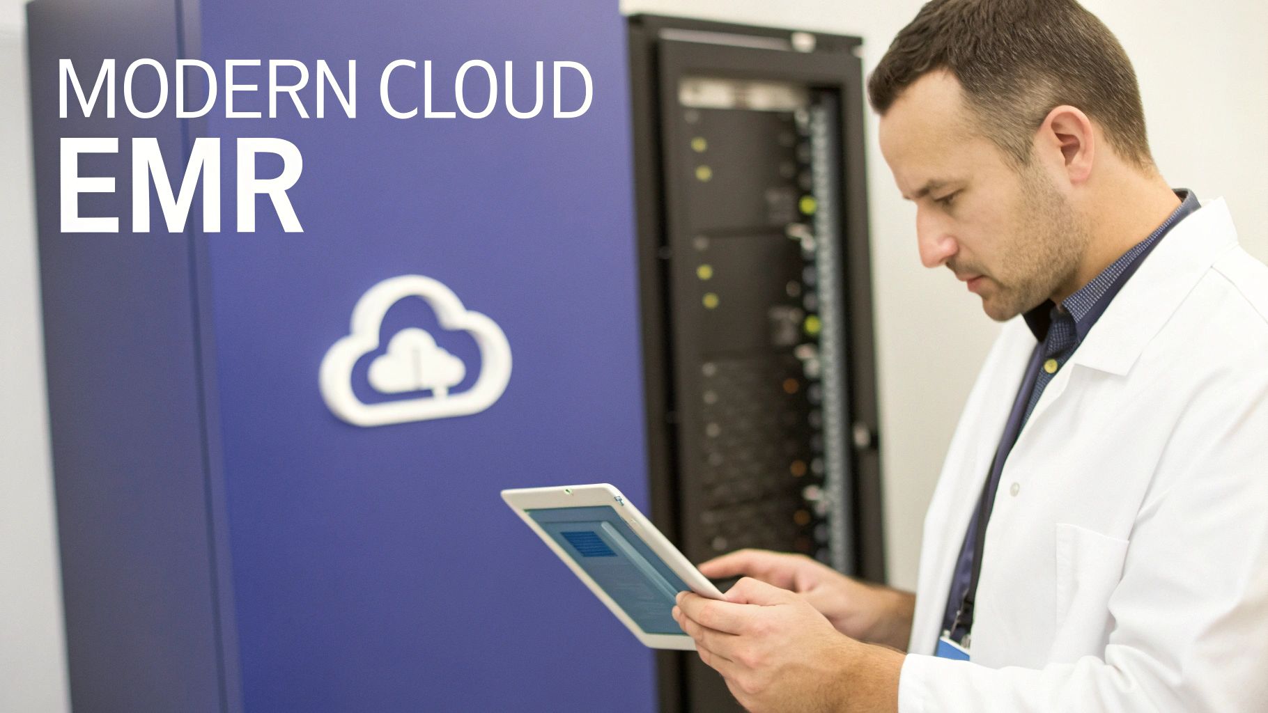 A man in a lab coat uses a tablet in a data center, with "MODERN CLOUD EMR" text and a cloud icon visible.
