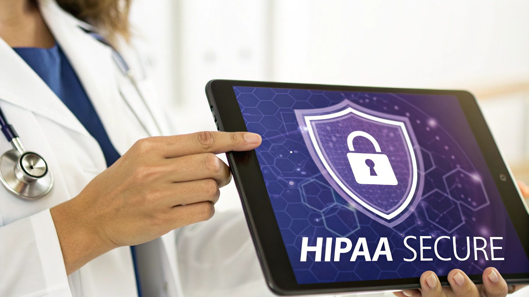 A healthcare professional in a white coat points to a tablet displaying a 'HIPAA SECURE' logo.
