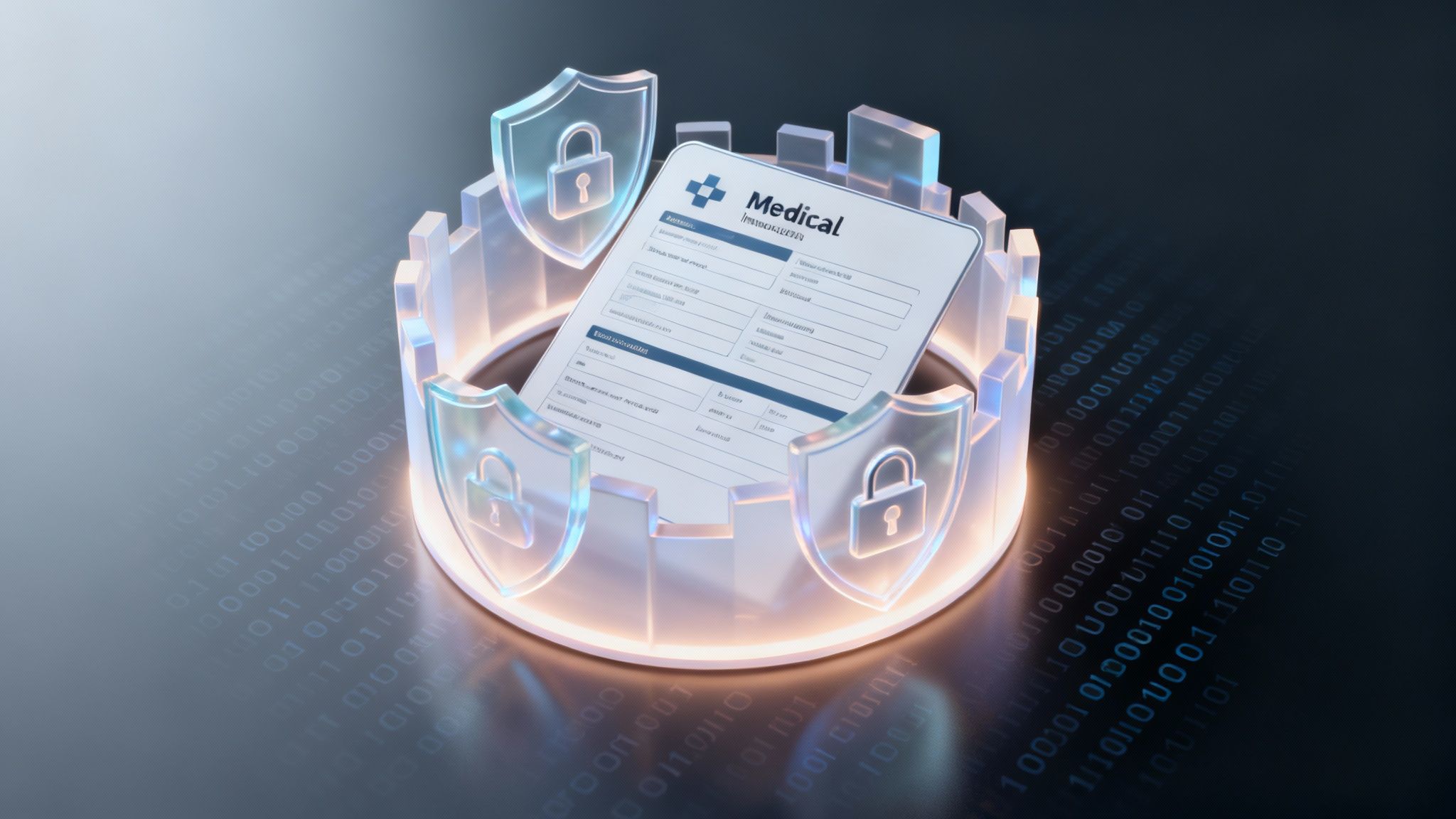 A lock icon overlaid on a digital document, symbolizing data security and HIPAA compliance