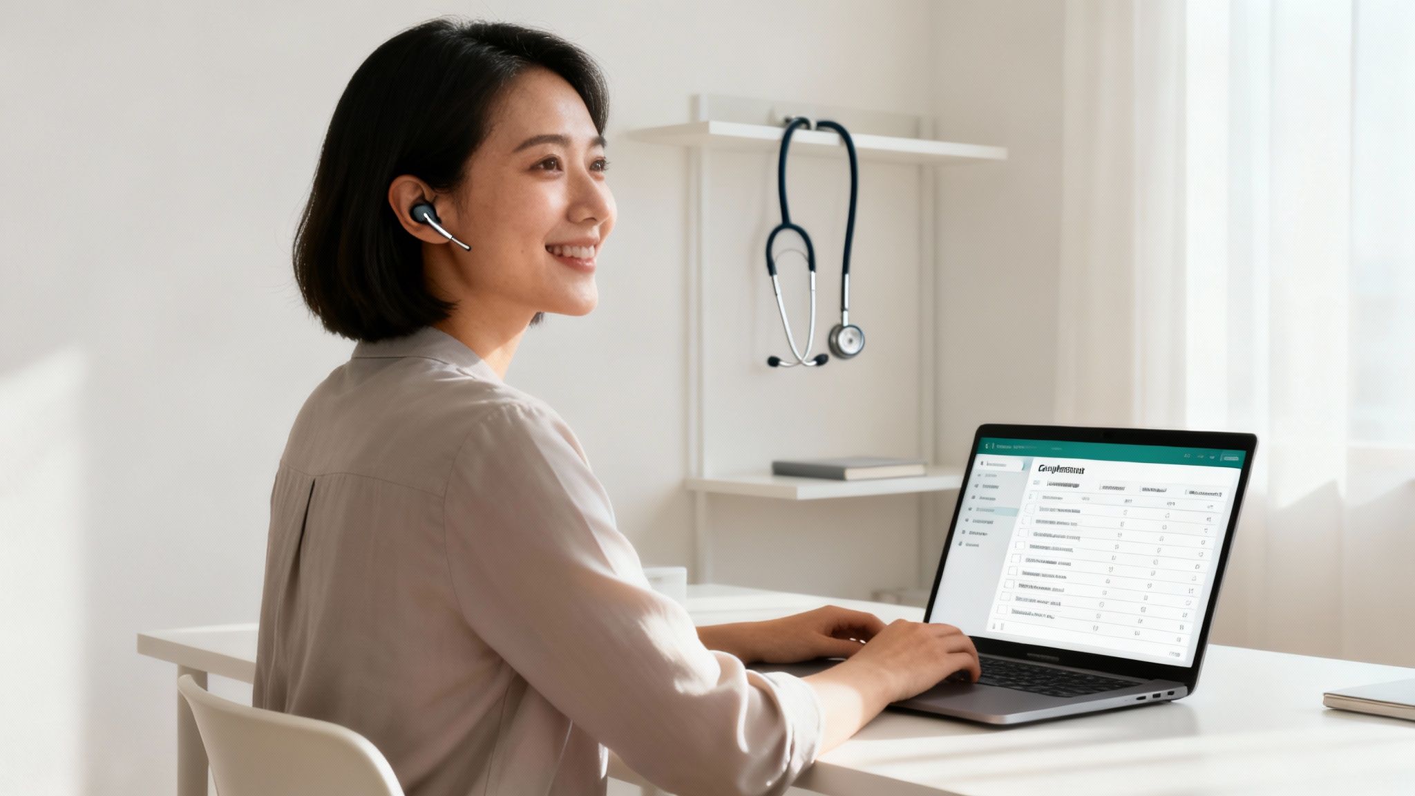 Smiling medical professional wearing an earbud, typing on a laptop in a bright office.