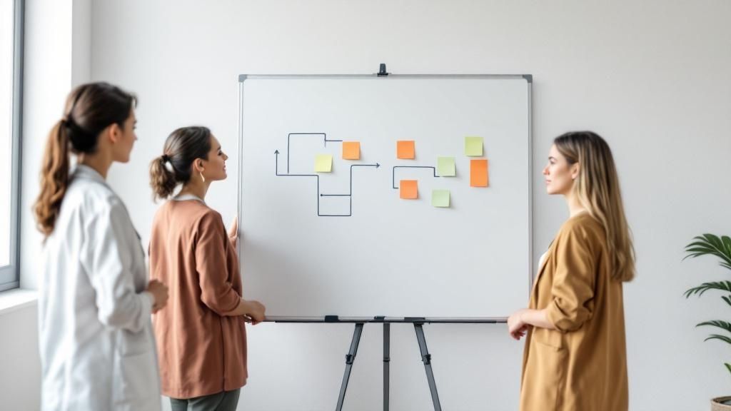 A team of diverse healthcare professionals mapping out a plan on a whiteboard with sticky notes.