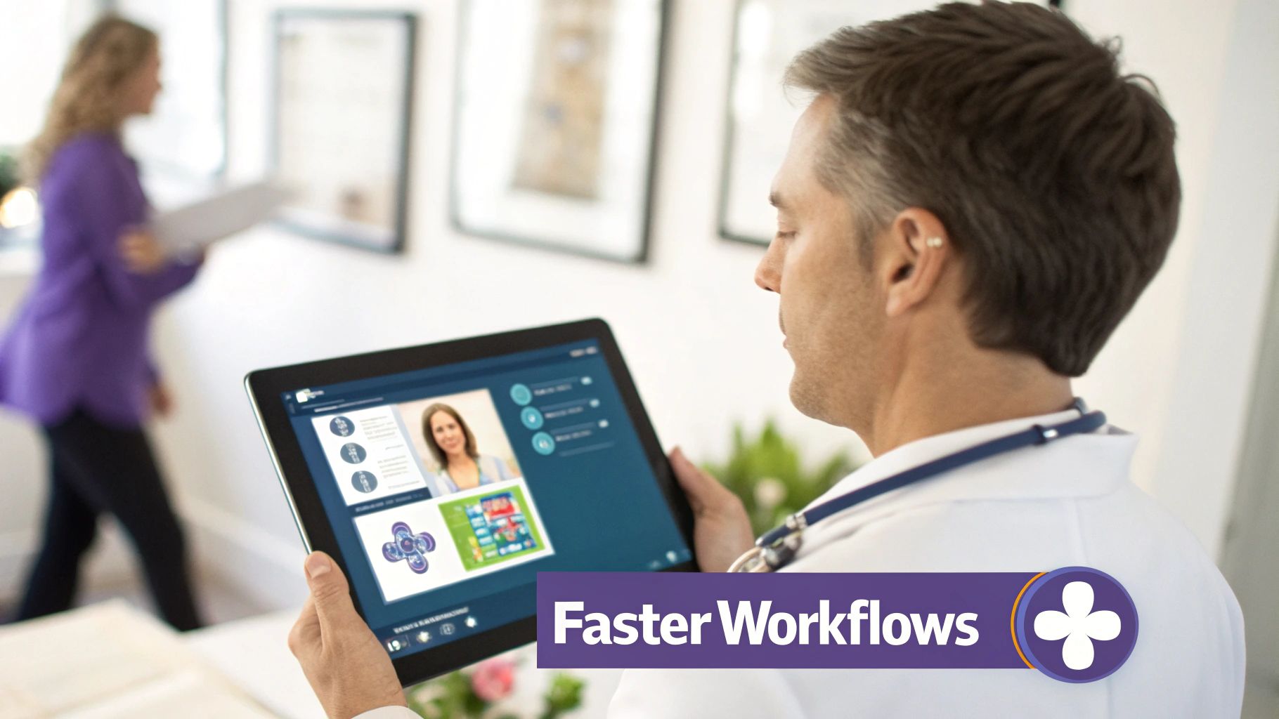 A doctor reviews patient information and a video call on a tablet for faster workflows.