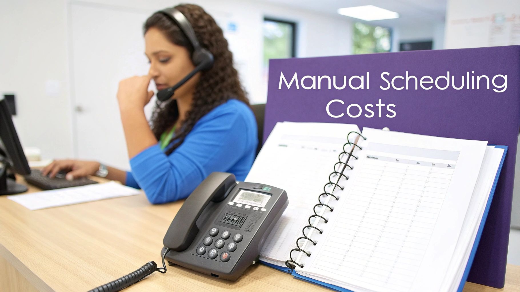 A woman in a headset works on a computer, next to a phone and a binder titled 'Manual Scheduling Costs'.