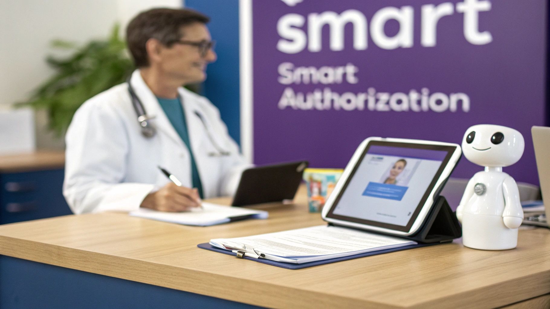 Healthcare professional using technology, including a tablet and robot, for smart authorization.