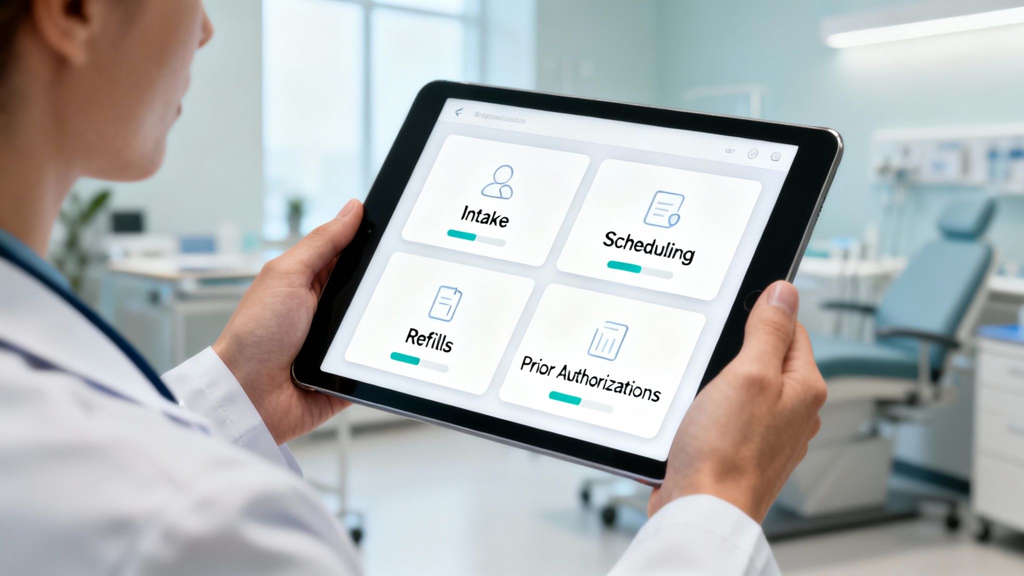 Doctor holding a tablet displaying a healthcare app for patient intake, scheduling, refills, and authorizations.