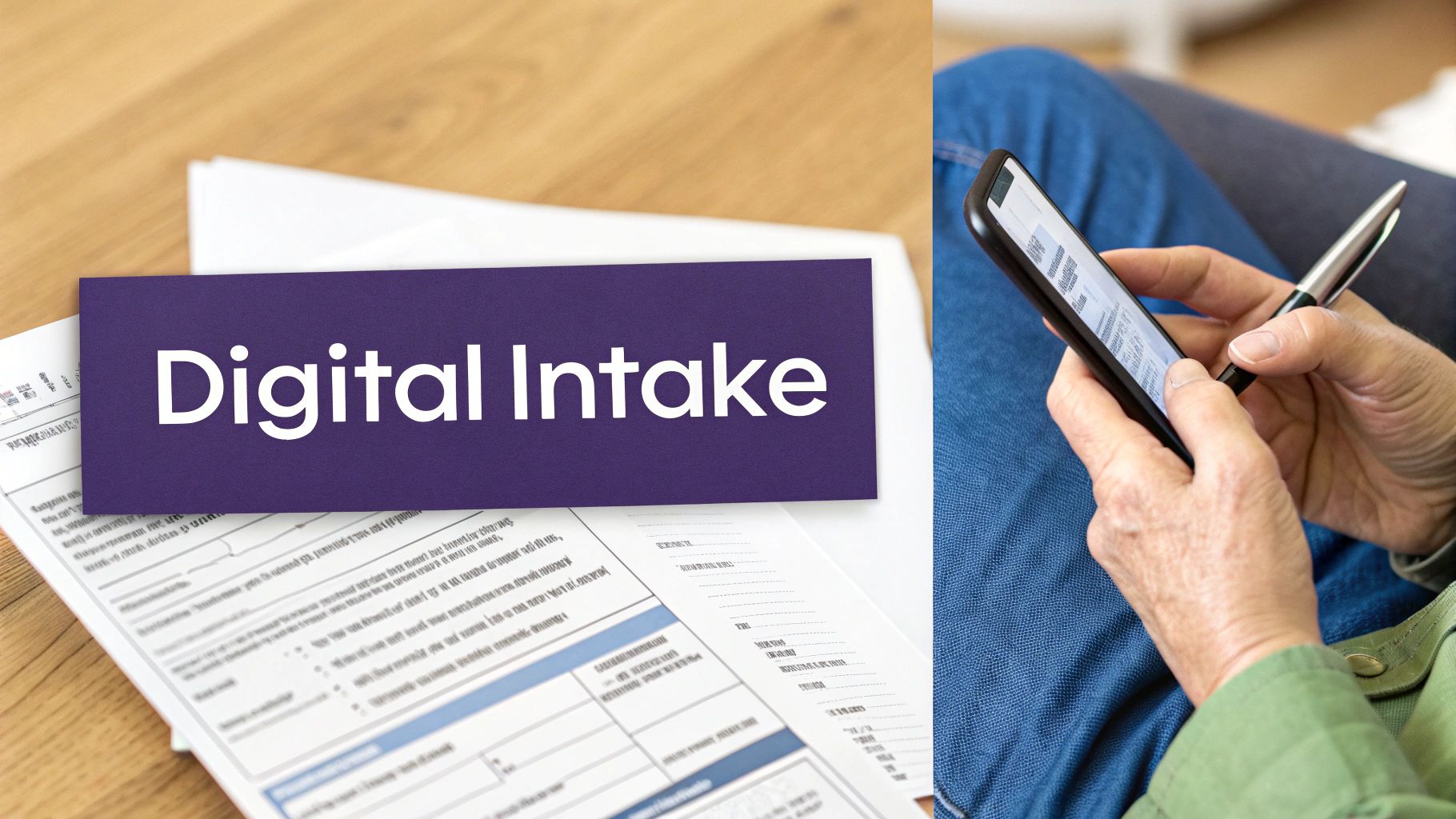 A purple banner with 'Digital Intake' over paper forms, next to a person filling out a form on a smartphone.