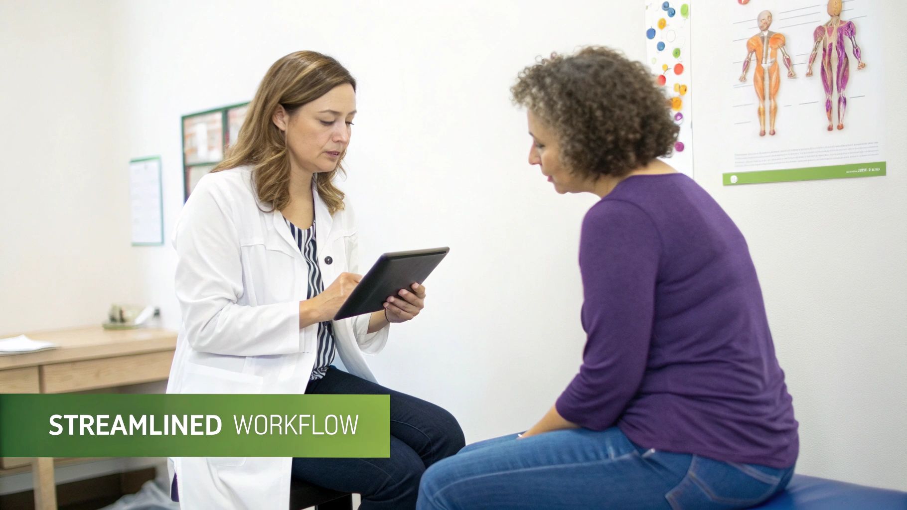 A doctor in a white coat uses a tablet to consult with a patient in a clinic.