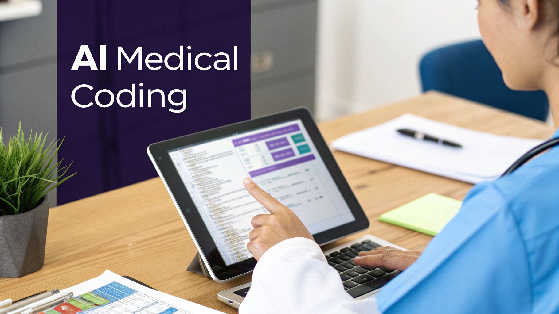 A healthcare professional uses a tablet and keyboard for AI medical coding tasks in an office.