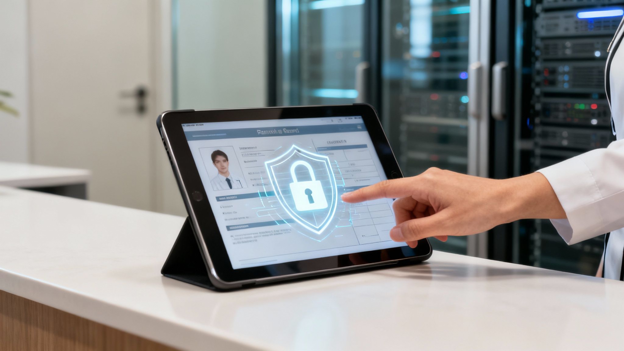 Hand pointing at tablet displaying digital security shield over medical receptionist profile interface