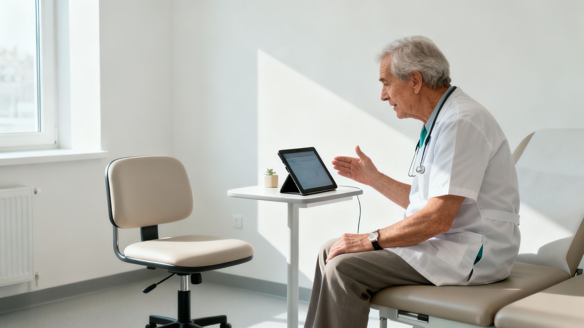 A patient comfortably speaking into a smartphone to complete their intake forms, with a graphic overlay showing a soundwave turning into data.