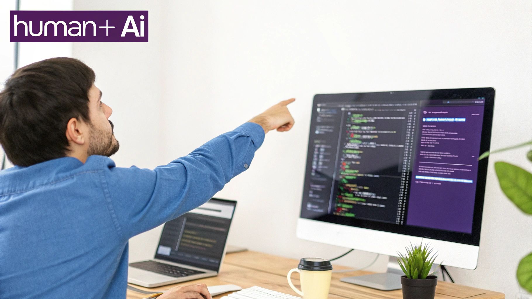 A man in a blue shirt points at code on a large monitor, demonstrating human interaction with AI development.
