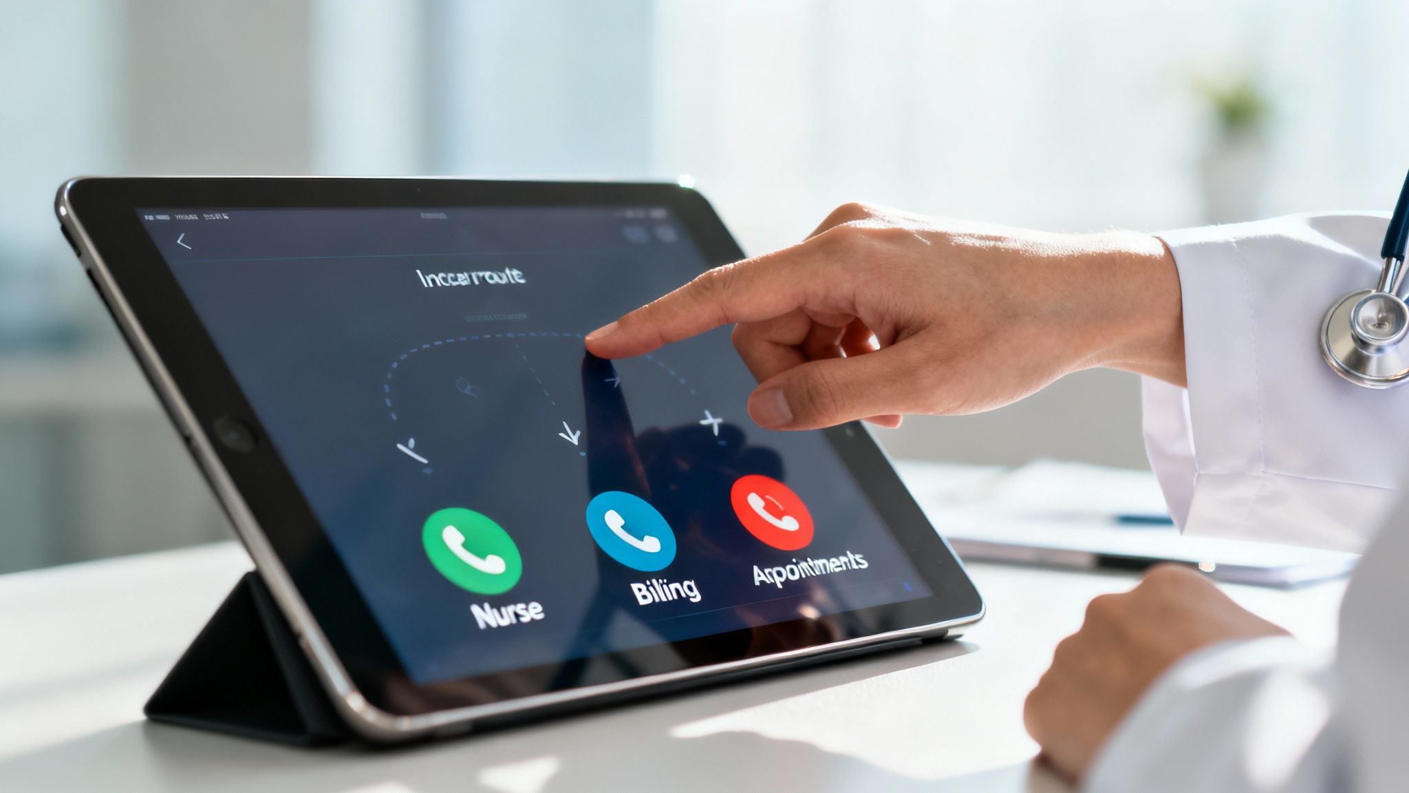 Doctor's hand touching a tablet screen displaying medical call center options like nurse and billing.