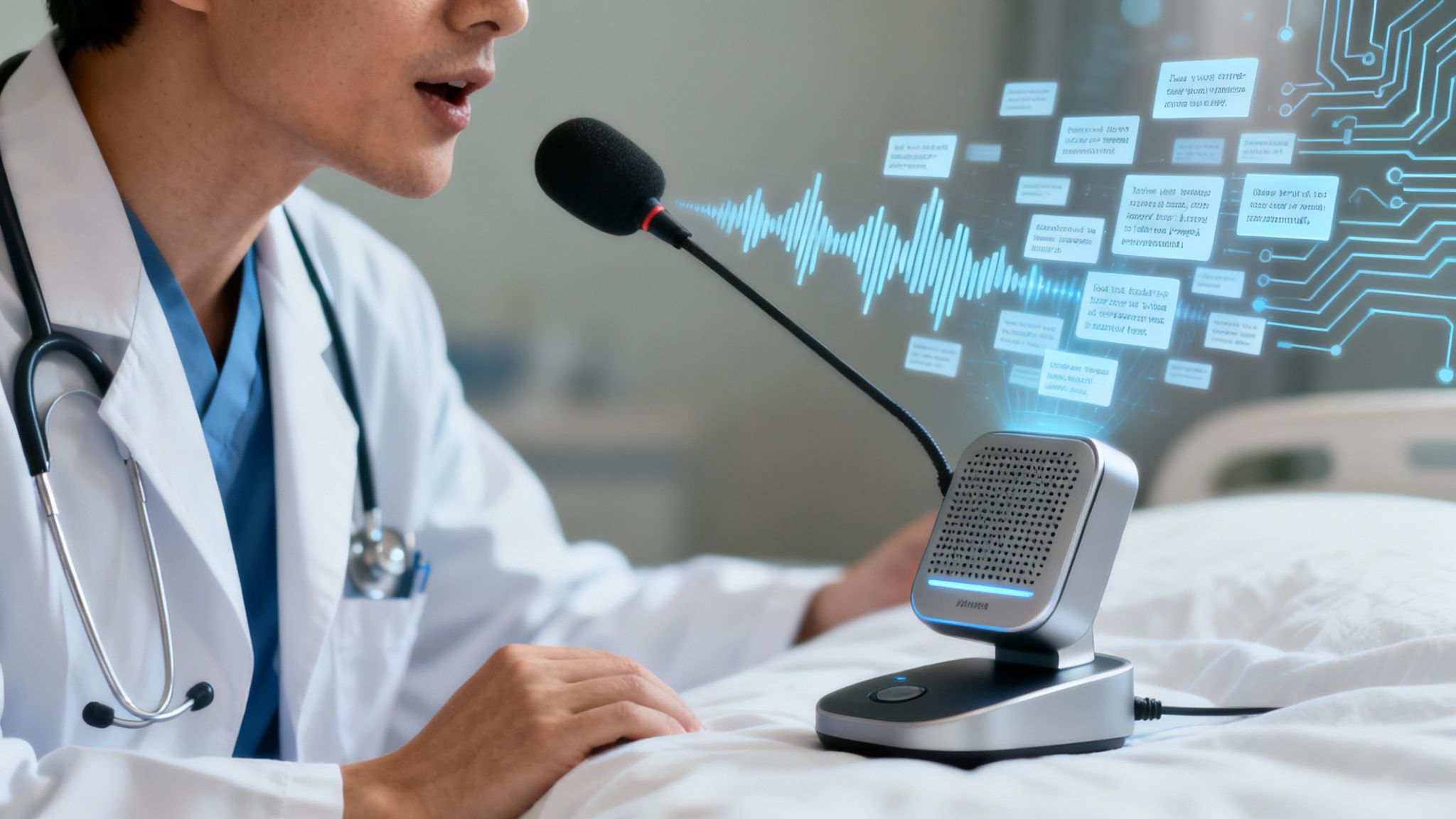 A doctor in a modern clinic environment speaking with a patient, with abstract data visualizations overlaid to represent the conversion of voice to data.