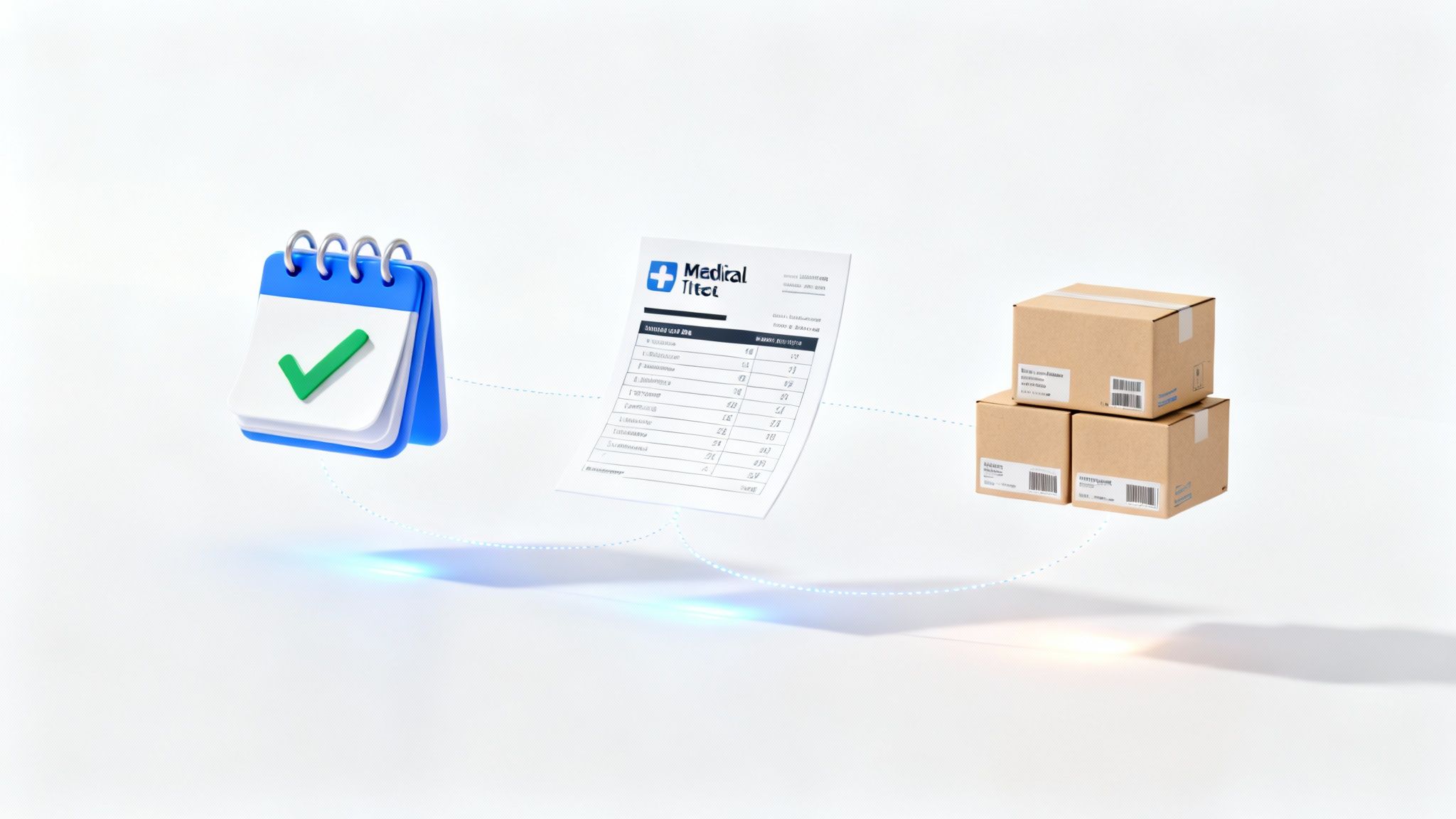 An illustration showing different healthcare processes like scheduling, billing, and supply management connected by automated workflows.